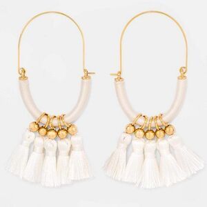 🌴 White Tassel Drop Earrings – Gold Hoop Boho Style 3.75”